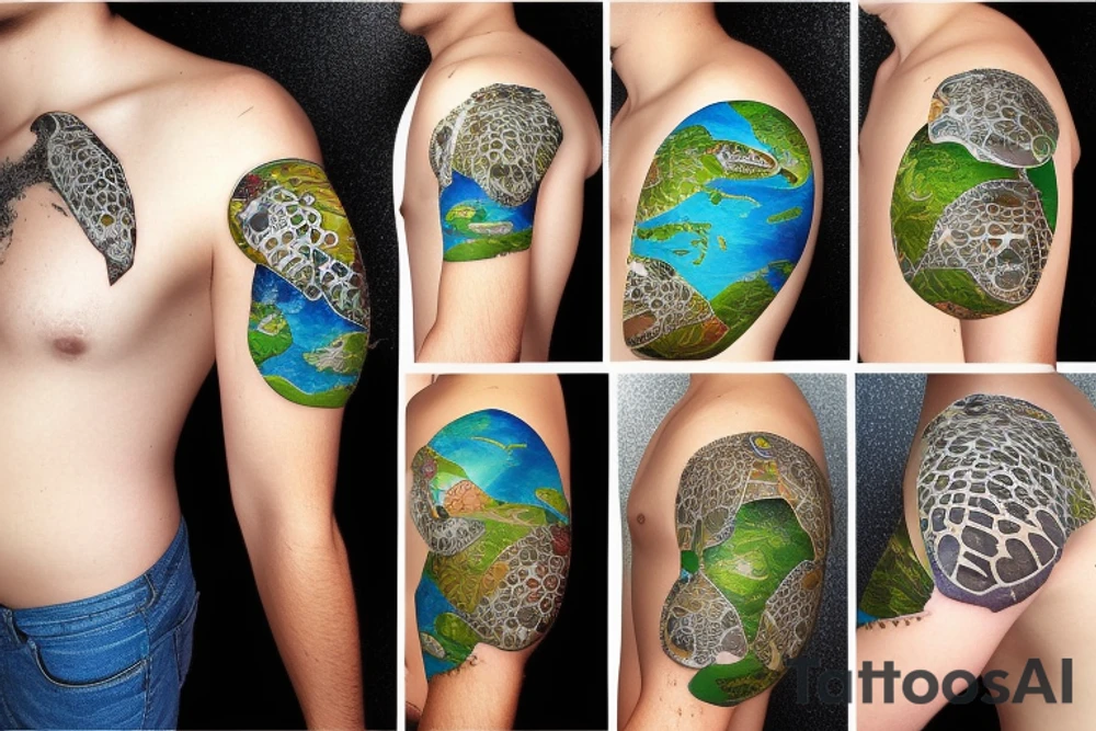 sea turtle with an earth map on its shell tattoo idea
