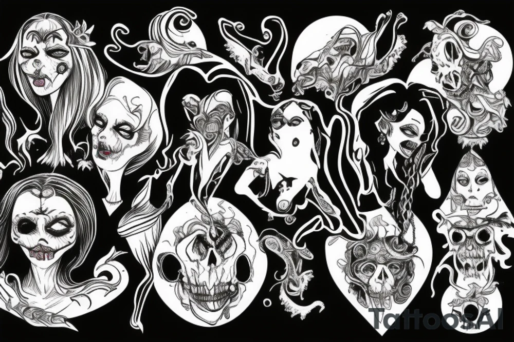 Wicked witches putting a hex on some randon ghoul black white purple green tattoo idea