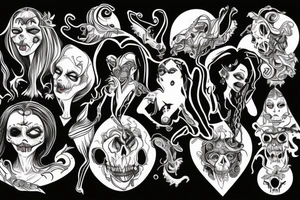 Wicked witches putting a hex on some randon ghoul black white purple green tattoo idea