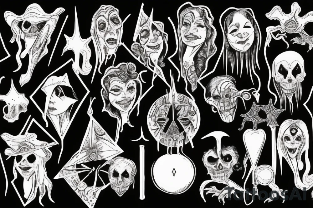 Wicked witches putting a hex on some randon ghoul black white purple green tattoo idea