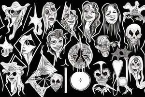 Wicked witches putting a hex on some randon ghoul black white purple green tattoo idea
