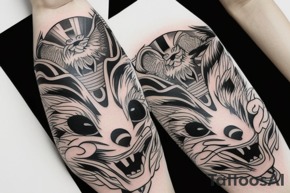 Kitsune Japanese mask sleeve tattoo idea