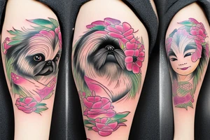 Old Chinese lady Pekingese dog tattoo idea