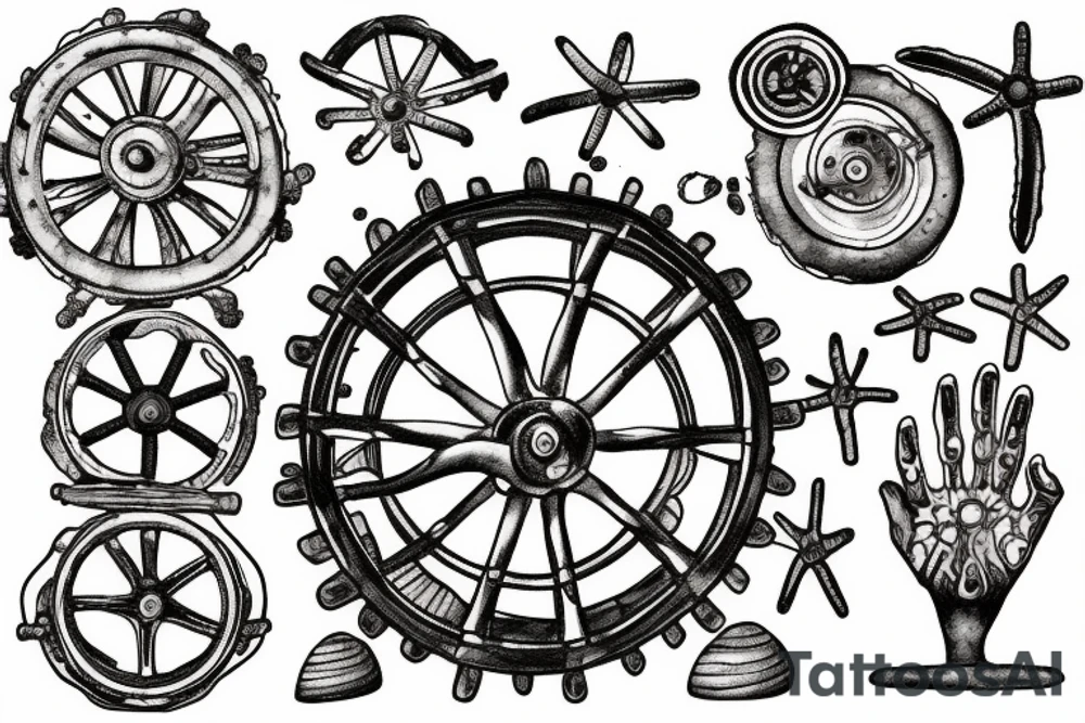 Ship’s wheel washed up on low tide beach tattoo idea