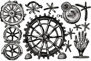 Ship’s wheel washed up on low tide beach tattoo idea