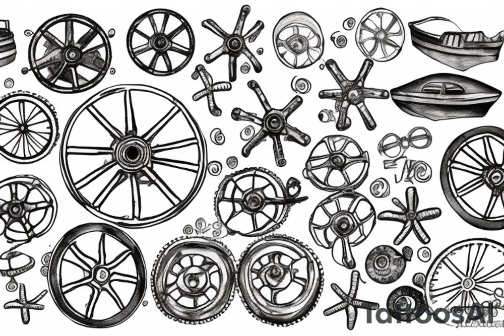 Ship’s wheel washed up on low tide beach tattoo idea