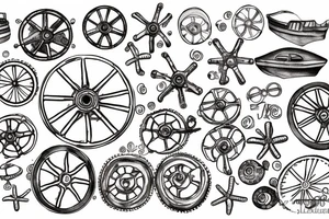 Ship’s wheel washed up on low tide beach tattoo idea