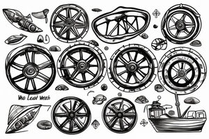 Ship’s wheel washed up on low tide beach tattoo idea