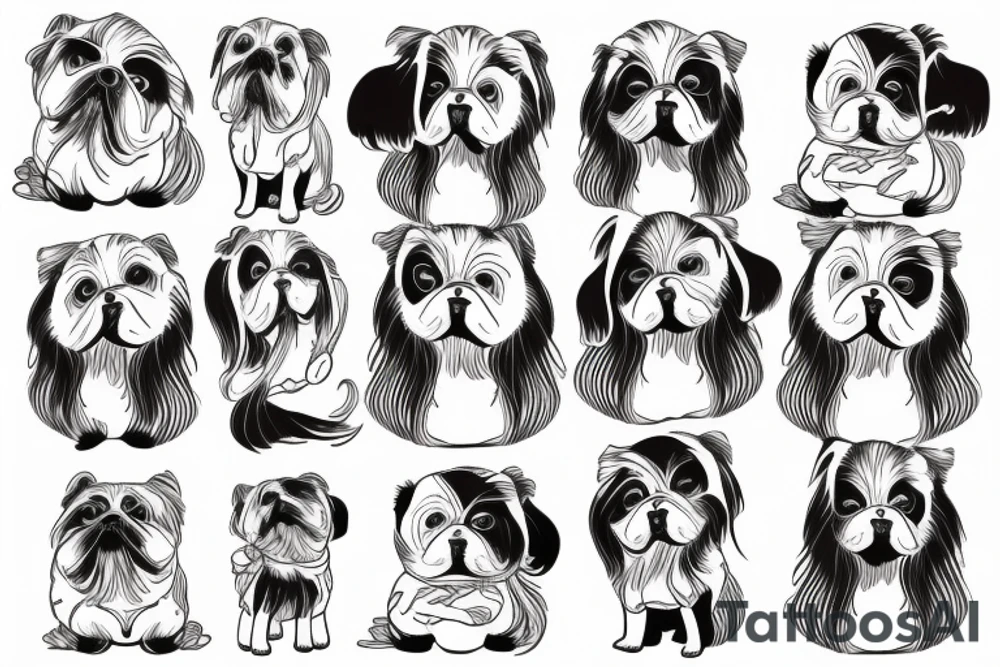 Old Chinese lady hugs Pekingese dog tattoo idea