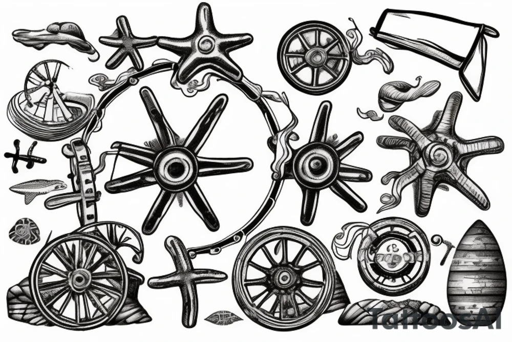 Ship’s wheel washed up on low tide beach tattoo idea