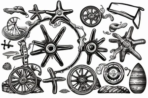 Ship’s wheel washed up on low tide beach tattoo idea