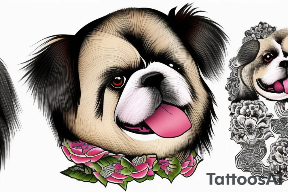Old Chinese lady pets a Pekingese dog tattoo idea