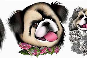 Old Chinese lady pets a Pekingese dog tattoo idea