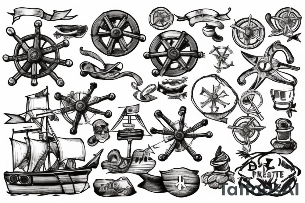 Pirate Ship’s wheel washed up on low tide beach tattoo idea