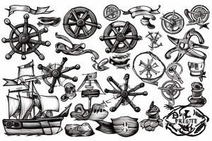 Pirate Ship’s wheel washed up on low tide beach tattoo idea