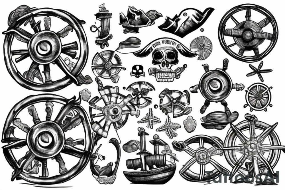 Pirate Ship’s wheel washed up on low tide beach tattoo idea