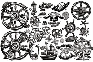 Pirate Ship’s wheel washed up on low tide beach tattoo idea