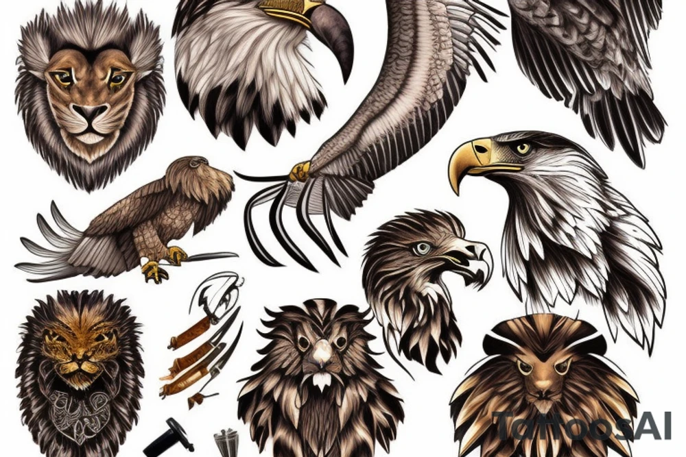 Eagle with brown lion tattoo idea