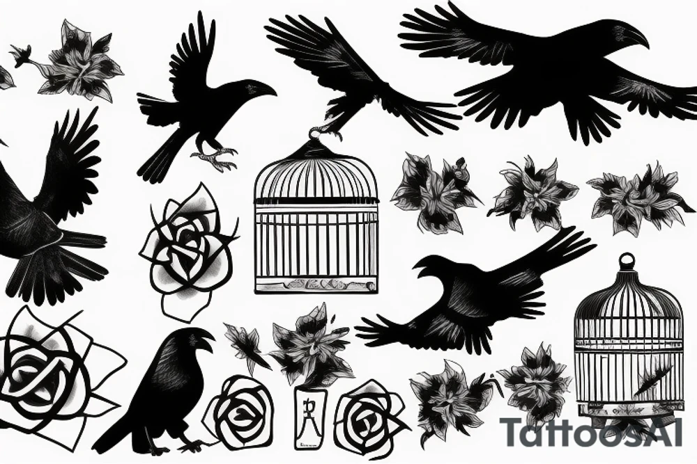 A crow breaking free from a bird cage tattoo idea