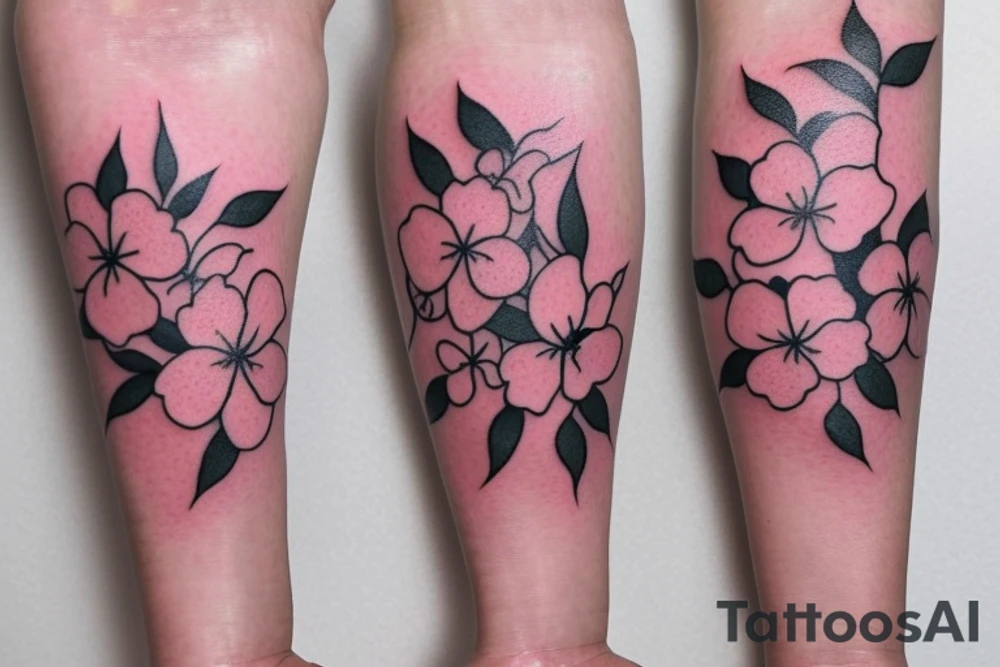 simple and small plum blossom at different stages of blooming. Tattoo will be small and by the wrist area. Mostly white flower but with some pink shading or deatails tattoo idea