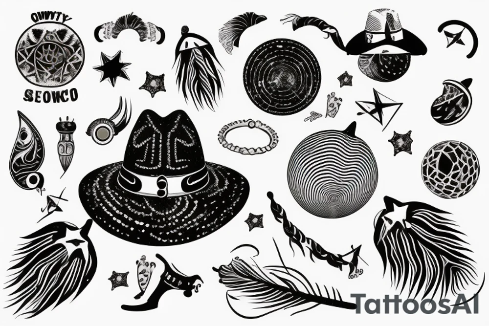 Cowboy hat with horse shoe peacock feather planet space ring disco ball tattoo idea