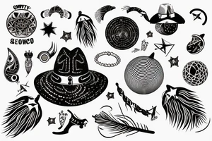 Cowboy hat with horse shoe peacock feather planet space ring disco ball tattoo idea