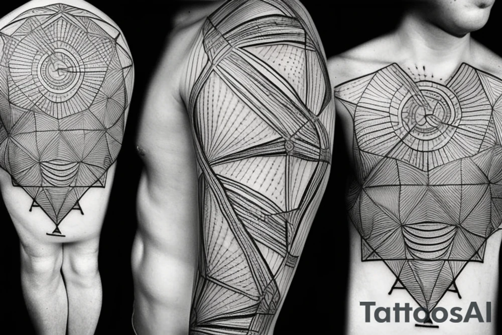 A tattoo in black and white inspired by geosciences information system and how geometry works for getting images from the earth and analyzing its data. The tattoo would be in scientific style tattoo idea