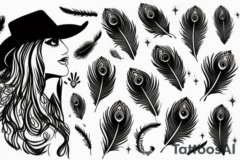 Cowgirl hat with peacock feather cosmic tattoo idea