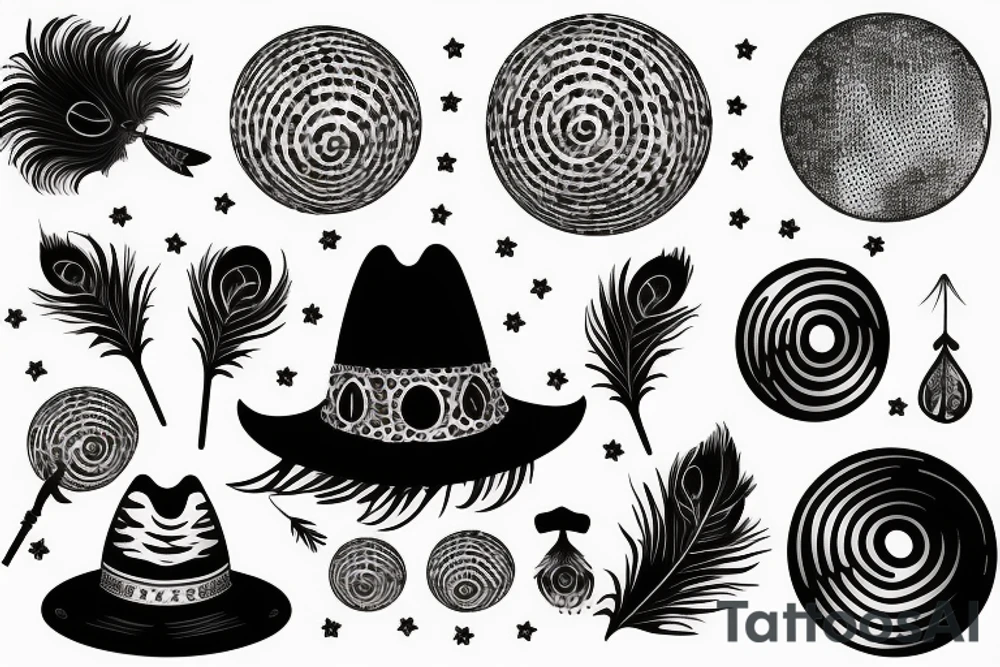 Cowgirl hat with peacock feather planet disco ball tattoo idea