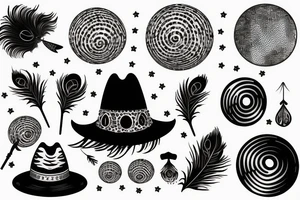 Cowgirl hat with peacock feather planet disco ball tattoo idea