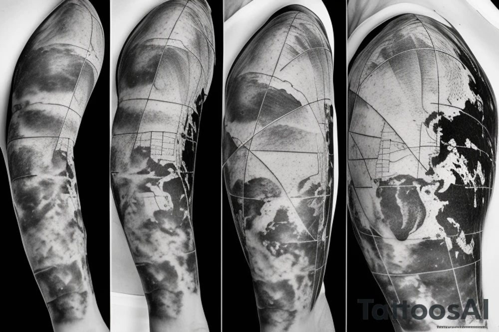 A black-and-white scientific illustration of earth sciences and satellite geometry by satellite images and geographic information systems in the upper arm and inner biceps tattoo idea