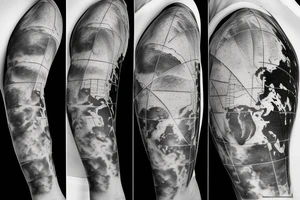 A black-and-white scientific illustration of earth sciences and satellite geometry by satellite images and geographic information systems in the upper arm and inner biceps tattoo idea