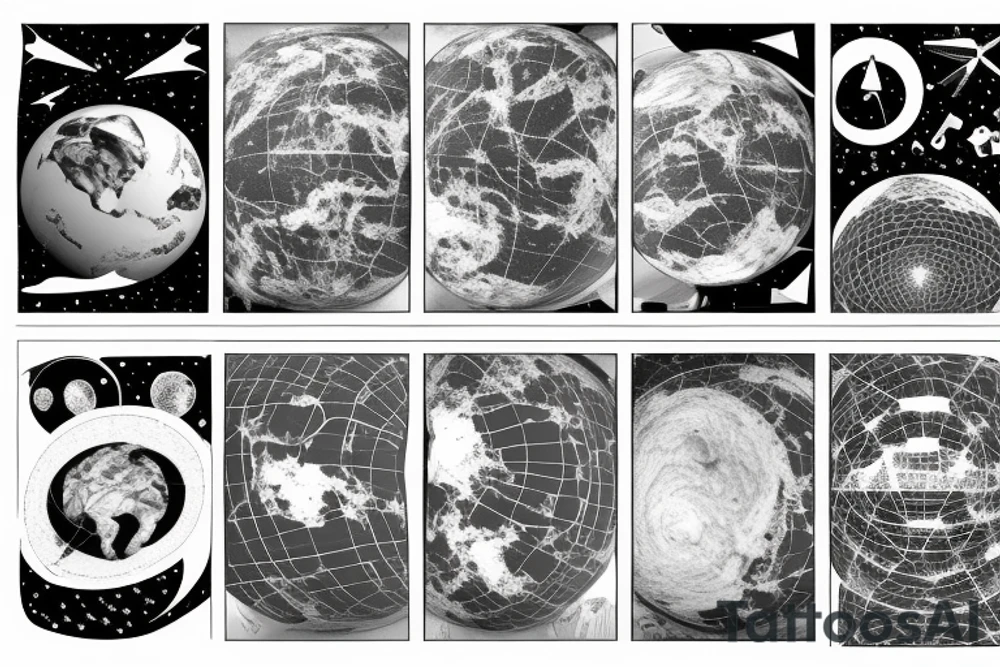 A black-and-white scientific illustration of earth sciences and satellite geometry by satellite images and geographic information systems in the upper arm and inner biceps tattoo idea