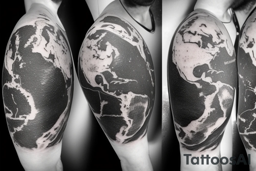 A black-and-white scientific illustration of earth sciences and satellite geometry by satellite images and geographic information systems in the upper arm and inner biceps tattoo idea