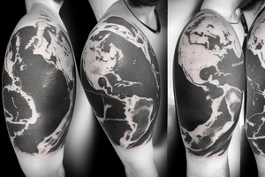 A black-and-white scientific illustration of earth sciences and satellite geometry by satellite images and geographic information systems in the upper arm and inner biceps tattoo idea