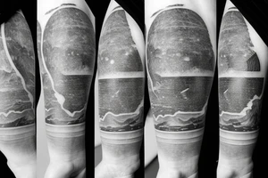 A black-and-white scientific illustration of earth sciences and satellite geometry by satellite images and geographic information systems in the upper arm and inner biceps tattoo idea