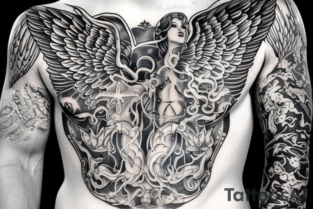 Side ways Sea lord like mermaid tail and eagle wings with Aries horoscope embedded in chest tattoo idea