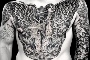 Side ways Sea lord like mermaid tail and eagle wings with Aries horoscope embedded in chest tattoo idea