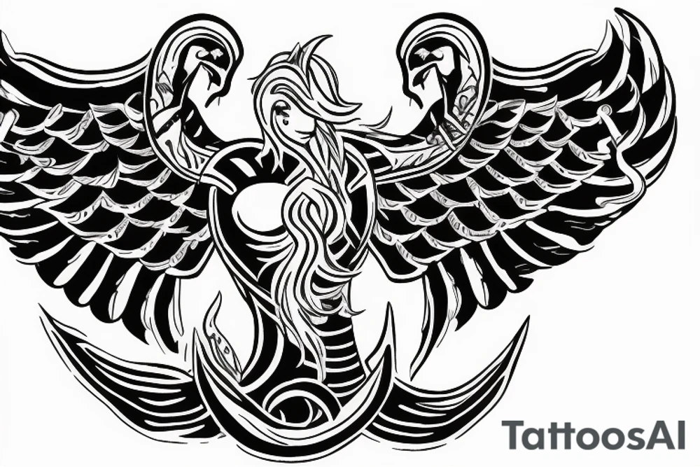 Side ways Sea lord like mermaid tail and eagle wings with Aries horoscope embedded in chest tattoo idea