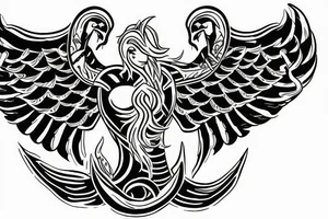 Side ways Sea lord like mermaid tail and eagle wings with Aries horoscope embedded in chest tattoo idea