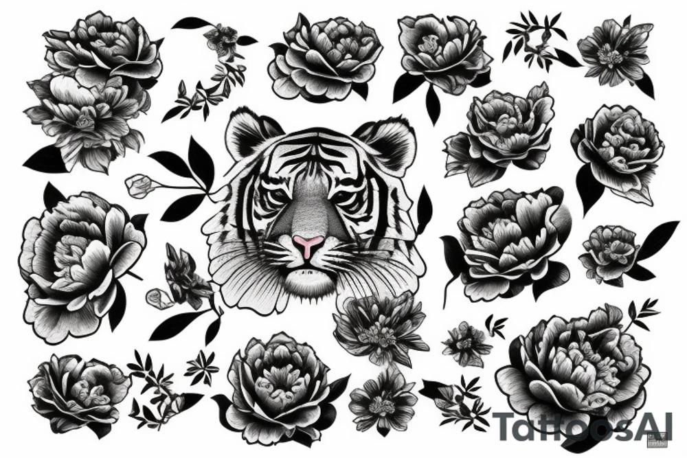Tiger with peony flowers tattoo idea