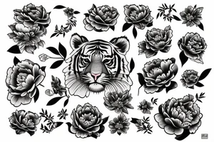 Tiger with peony flowers tattoo idea