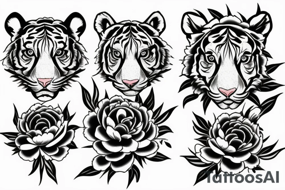 Tiger with peony flowers tattoo idea