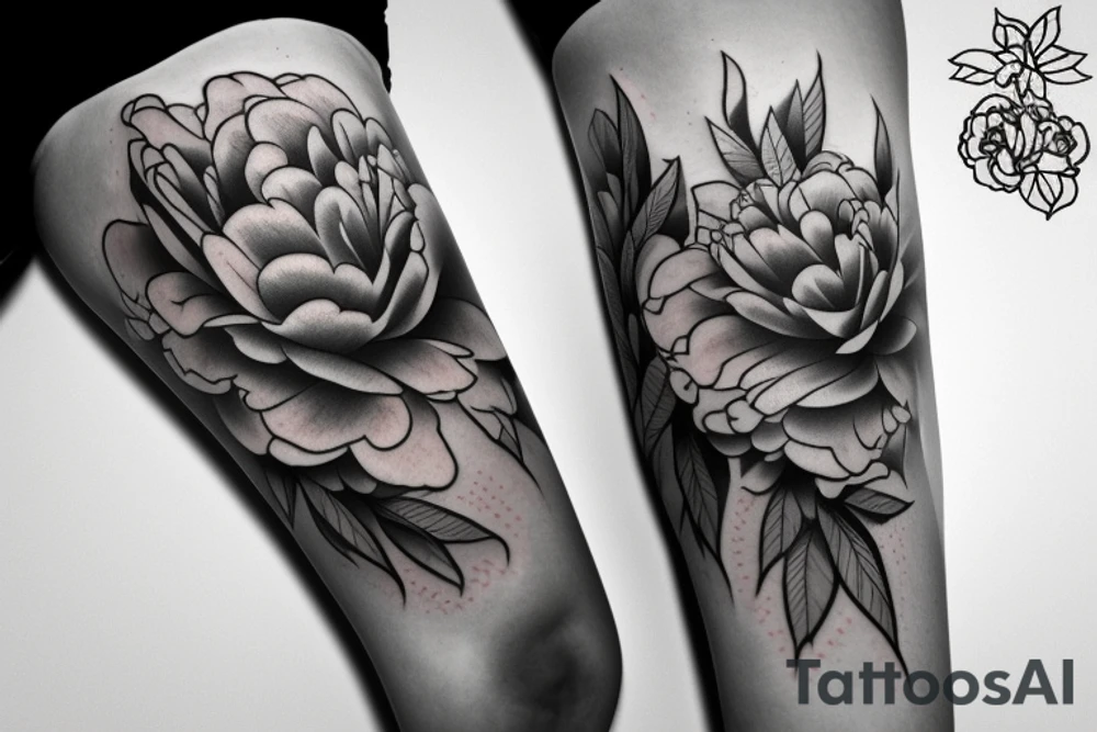 Peony flowing down a thigh tattoo idea