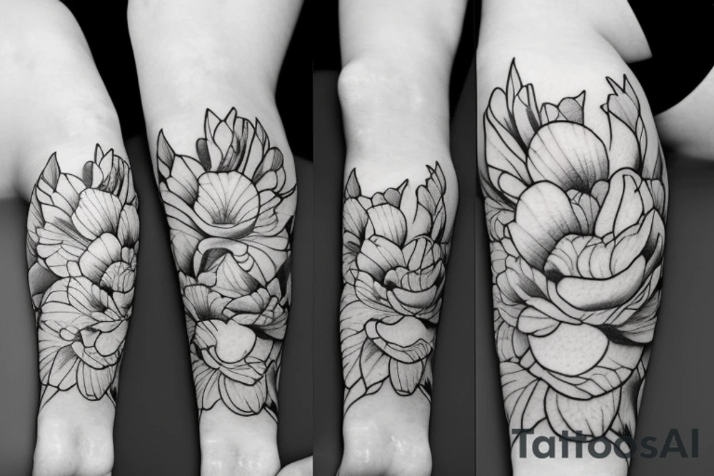 Peony flowing down a thigh tattoo idea