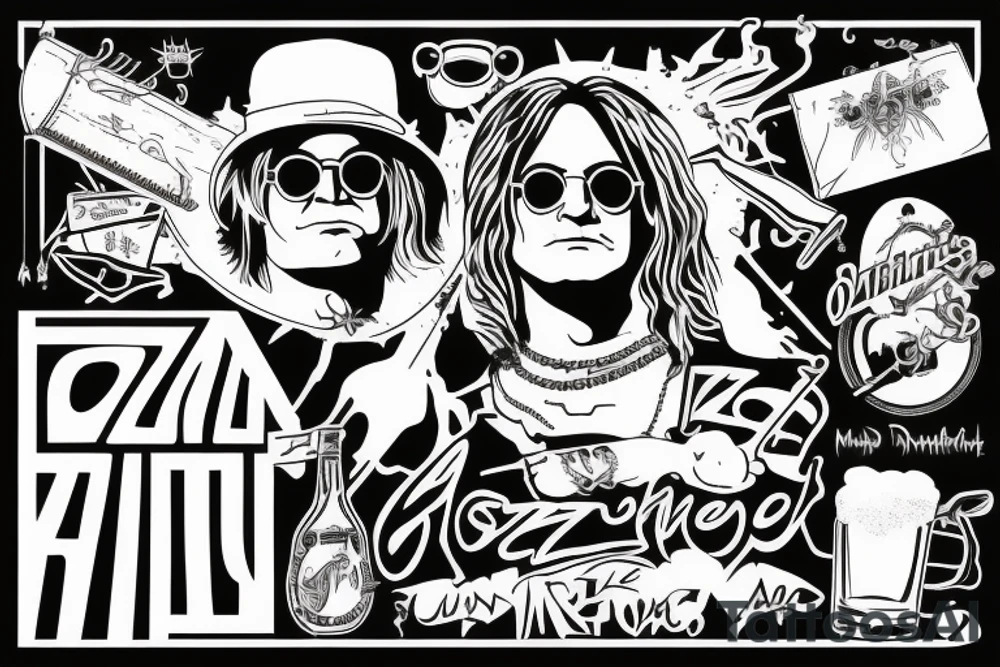 Ozzy Ozznourne, Randy Rhoads, sunglasses, beer, music tattoo idea