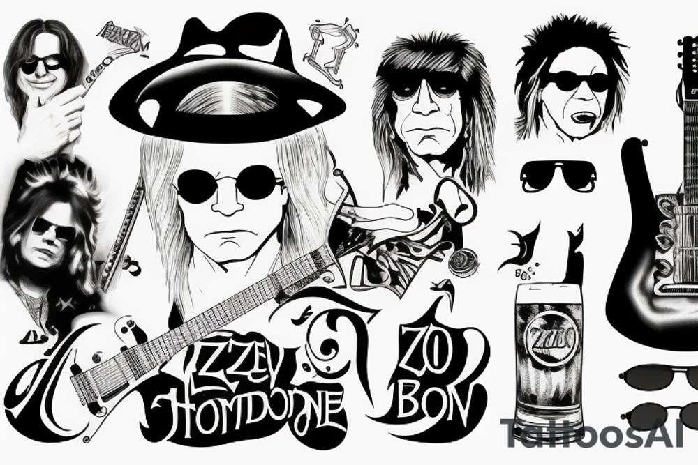 Ozzy Ozznourne, Randy Rhoads, sunglasses, beer, music tattoo idea