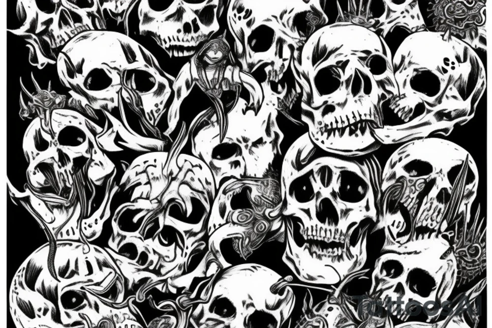 Satan on a throne of skulls tattoo idea