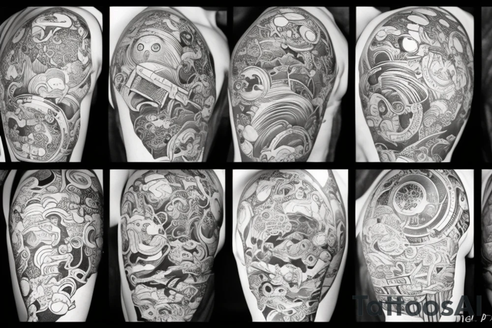 it should include themes of engineering, japan, Space, Stoicism and warrior tattoo idea