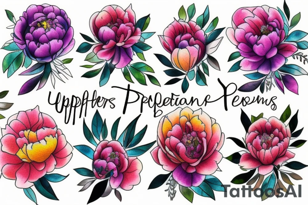 Upper leg, flowers, peonies, colorful tattoo idea